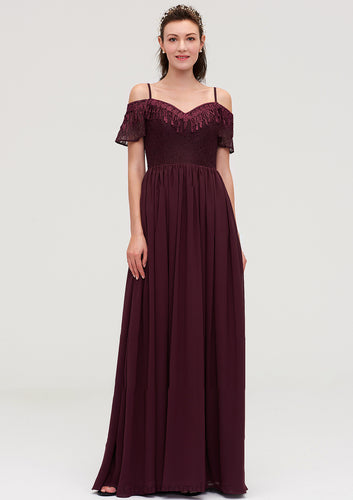 Off-the-Shoulder Sleeveless Chiffon A-line/Princess Long/Floor-Length Bridesmaid Dresseses With Lace Mattie HDOP0025449