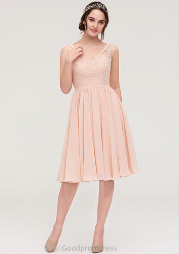 Sleeveless V Neck A-line/Princess Chiffon Knee-Length Bridesmaid Dresses With Lace Riley HDOP0025453