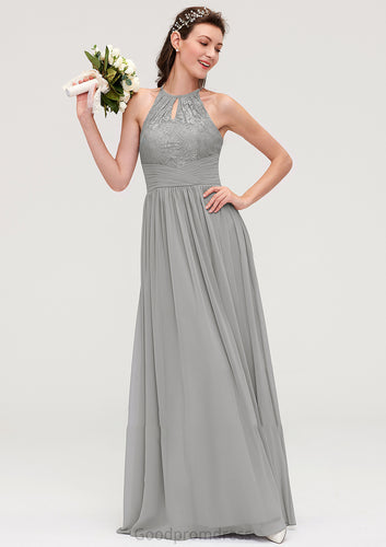 Sleeveless Scoop Neck Chiffon A-line/Princess Long/Floor-Length Bridesmaid Dresseses With Pleated Lace Lexie HDOP0025460