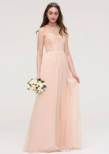 Bateau Sleeveless Long/Floor-Length Chiffon A-line/Princess Bridesmaid Dresses With Lace Pleated Lindsey HDOP0025464