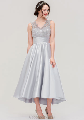 Sleeveless V Neck Asymmetrical Satin A-line/Princess Bridesmaid Dresses With Pleated Lace Ashanti HDOP0025468