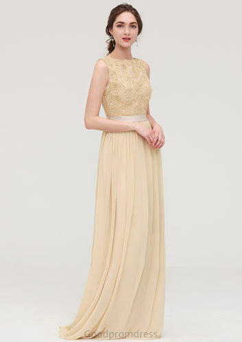 Bateau Sleeveless A-line/Princess Chiffon Long/Floor-Length Bridesmaid Dresses With Sashes Lace Eden HDOP0025472