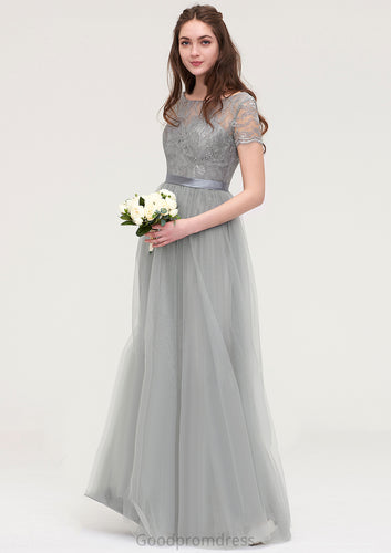 Bateau Short Sleeve Long/Floor-Length Tulle A-line/Princess Bridesmaid Dresses With Sashes Lace Bridget HDOP0025482