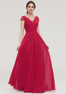 Sleeveless V Neck Long/Floor-Length Chiffon A-line/Princess Bridesmaid Dresses With Lace Pleated Kasey HDOP0025486