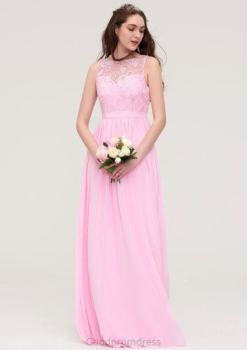 Bateau Sleeveless Long/Floor-Length Chiffon A-line/Princess Bridesmaid Dresses With Lace Aliza HDOP0025489