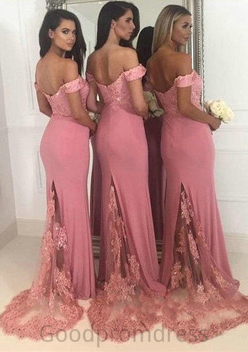 Sleeveless Off-the-Shoulder Sweep Train Sheath/Column Jersey Bridesmaid Dresseses With Lace Beading Jennifer HDOP0025519