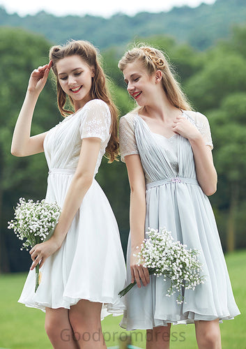 Short/Mini Scalloped Neck Short Sleeve Chiffon A-line/Princess Bridesmaid Dresseses With Lace Kirsten HDOP0025520