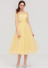 Load image into Gallery viewer, Bateau Short Sleeve A-line/Princess Tulle Tea-Length  Bridesmaid Dresses With Pleated Lace Uerica HDOP0025522