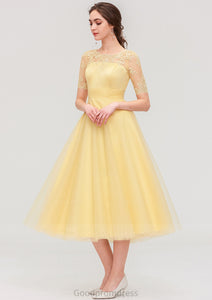 Bateau Short Sleeve A-line/Princess Tulle Tea-Length  Bridesmaid Dresses With Pleated Lace Uerica HDOP0025522