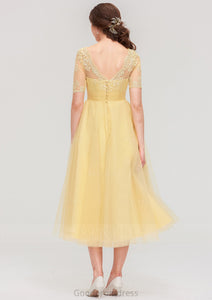 Bateau Short Sleeve A-line/Princess Tulle Tea-Length  Bridesmaid Dresses With Pleated Lace Uerica HDOP0025522