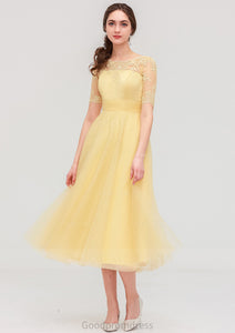 Bateau Short Sleeve A-line/Princess Tulle Tea-Length  Bridesmaid Dresses With Pleated Lace Uerica HDOP0025522