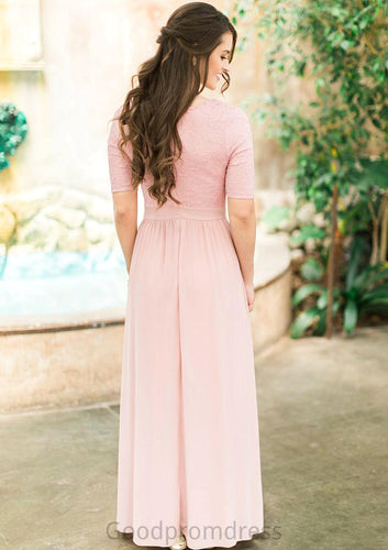 Scoop Neck Short Sleeve Ankle-Length A-line/Princess Chiffon Bridesmaid Dresses With Lace Pleated Lila HDOP0025580