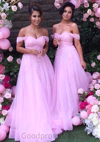 Sleeveless Off-the-Shoulder Long/Floor-Length Tulle A-line/Princess Bridesmaid Dresseses With Lace Whitney HDOP0025589