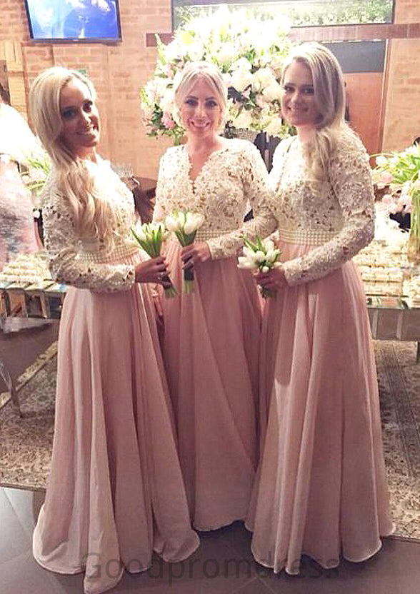 Full/Long Sleeve Scalloped Neck A-line/Princess Chiffon Long/Floor-Length Bridesmaid Dresseses With Beading Lace Vicky HDOP0025602