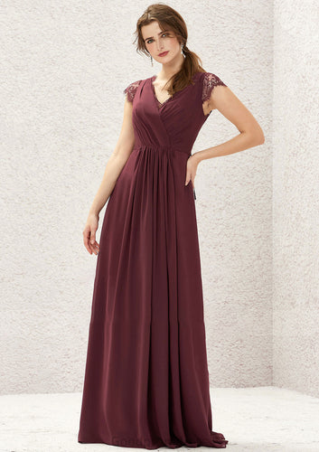 A-line V Neck Sleeveless Chiffon Long/Floor-Length Bridesmaid Dresses With Pleated Lace Karla HDOP0025627