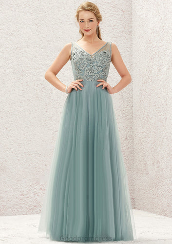 A-line V Neck Sleeveless Tulle Long/Floor-Length Bridesmaid Dresses With Lace Deanna HDOP0025628