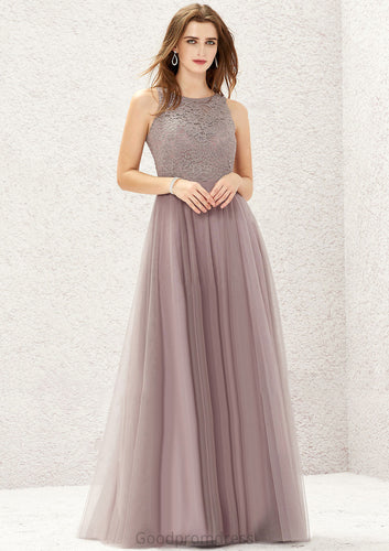 A-line Scoop Neck Sleeveless Lace Tulle Long/Floor-Length Bridesmaid Dresses Thirza HDOP0025631