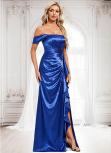 Mimi Trumpet/Mermaid Off the Shoulder Floor-Length Stretch Satin Bridesmaid Dress With Ruffle HDOP0025800