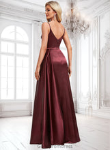 Load image into Gallery viewer, Xiomara A-line V-Neck Floor-Length Stretch Satin Bridesmaid Dress With Ruffle HDOP0025785