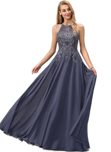 Josephine A-line Scoop Floor-Length Chiffon Lace Evening Dress With Sequins HDOP0020895