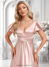 Load image into Gallery viewer, Aryanna A-line V-Neck Floor-Length Stretch Satin Bridesmaid Dress With Ruffle HDOP0025787