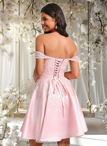 Marisol A-line Off the Shoulder Short Satin Homecoming Dress With Rhinestone Beading Appliques Lace HDOP0025679