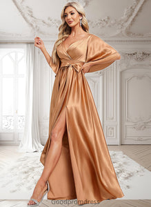 Caitlin A-line V-Neck Floor-Length Stretch Satin Bridesmaid Dress HDOP0025793