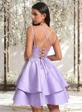 Load image into Gallery viewer, Geraldine A-line V-Neck Short Satin Homecoming Dress With Appliques Lace HDOP0025692