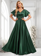 Load image into Gallery viewer, Maud A-line V-Neck Floor-Length Stretch Satin Bridesmaid Dress HDOP0025782