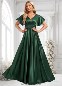 Maud A-line V-Neck Floor-Length Stretch Satin Bridesmaid Dress HDOP0025782