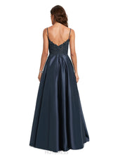 Load image into Gallery viewer, Setlla A-line V-Neck Floor-Length Lace Satin Prom Dresses With Sequins HDOP0020847