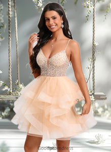 Annie Ball-Gown/Princess V-Neck Short Tulle Homecoming Dress With Beading Sequins HDOP0025646