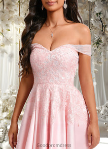 Marisol A-line Off the Shoulder Short Satin Homecoming Dress With Rhinestone Beading Appliques Lace HDOP0025679