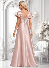 Load image into Gallery viewer, Aryanna A-line V-Neck Floor-Length Stretch Satin Bridesmaid Dress With Ruffle HDOP0025787