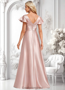 Aryanna A-line V-Neck Floor-Length Stretch Satin Bridesmaid Dress With Ruffle HDOP0025787