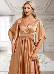 Caitlin A-line V-Neck Floor-Length Stretch Satin Bridesmaid Dress HDOP0025793