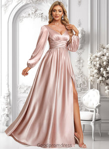 Erica A-line V-Neck Floor-Length Stretch Satin Prom Dresses HDOP0025880