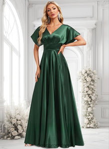 Maud A-line V-Neck Floor-Length Stretch Satin Bridesmaid Dress HDOP0025782