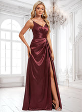 Load image into Gallery viewer, Xiomara A-line V-Neck Floor-Length Stretch Satin Bridesmaid Dress With Ruffle HDOP0025785