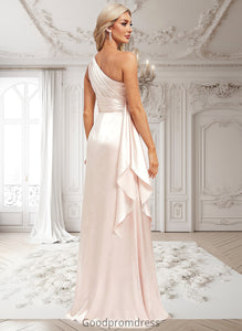 Rhianna A-line One Shoulder Floor-Length Stretch Satin Bridesmaid Dress With Ruffle HDOP0025818