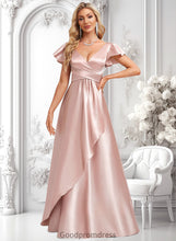 Load image into Gallery viewer, Aryanna A-line V-Neck Floor-Length Stretch Satin Bridesmaid Dress With Ruffle HDOP0025787