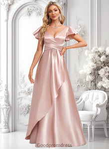 Aryanna A-line V-Neck Floor-Length Stretch Satin Bridesmaid Dress With Ruffle HDOP0025787