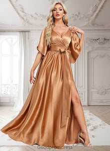 Caitlin A-line V-Neck Floor-Length Stretch Satin Bridesmaid Dress HDOP0025793