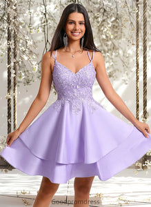 Geraldine A-line V-Neck Short Satin Homecoming Dress With Appliques Lace HDOP0025692