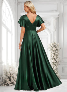 Maud A-line V-Neck Floor-Length Stretch Satin Bridesmaid Dress HDOP0025782