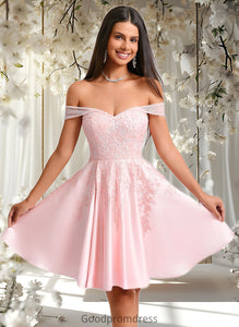 Marisol A-line Off the Shoulder Short Satin Homecoming Dress With Rhinestone Beading Appliques Lace HDOP0025679