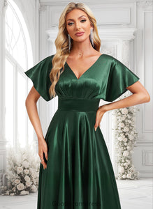 Maud A-line V-Neck Floor-Length Stretch Satin Bridesmaid Dress HDOP0025782