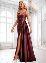 Load image into Gallery viewer, Xiomara A-line V-Neck Floor-Length Stretch Satin Bridesmaid Dress With Ruffle HDOP0025785