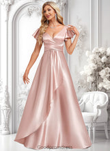 Load image into Gallery viewer, Aryanna A-line V-Neck Floor-Length Stretch Satin Bridesmaid Dress With Ruffle HDOP0025787