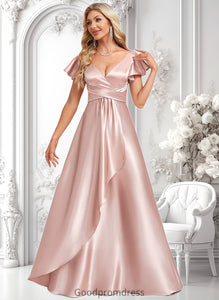 Aryanna A-line V-Neck Floor-Length Stretch Satin Bridesmaid Dress With Ruffle HDOP0025787